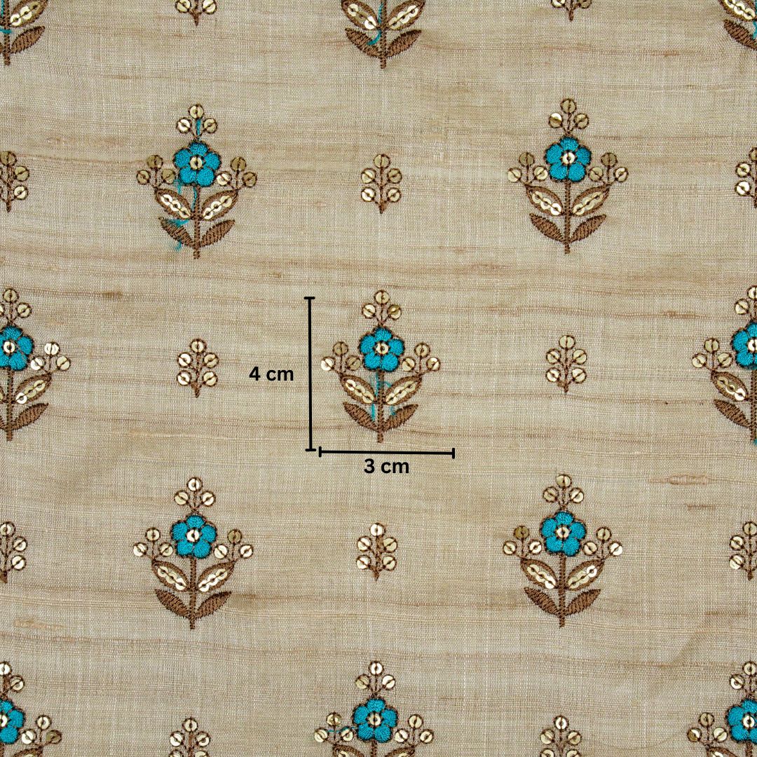 Noor Jahan Sequins Buti On Natural/Turquoise Tussar Silk