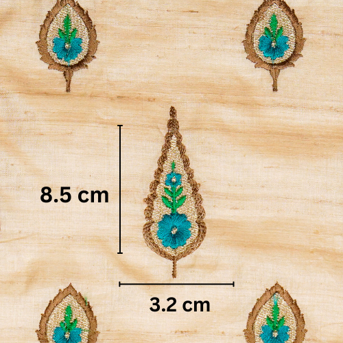 Nila Buta  on Natural/Turquoise Tussar Silk Embroidered Fabric