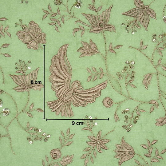 Naila Bird Jaal on Pista Green Luxe Silk Chanderi Embroidered Fabric
