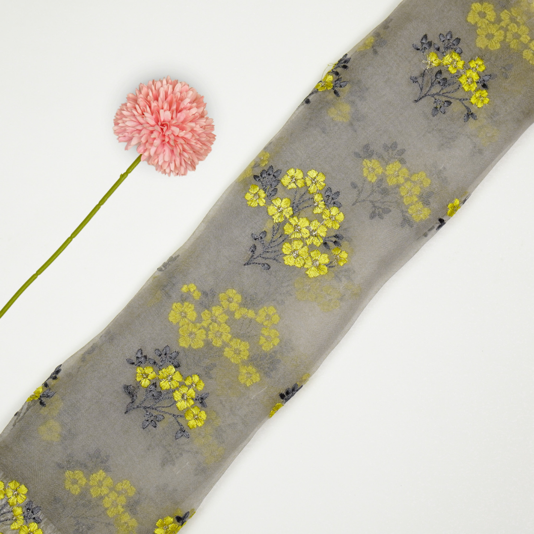 Lamia Buta on Grey Imported Silk Organza Embroidered Fabric