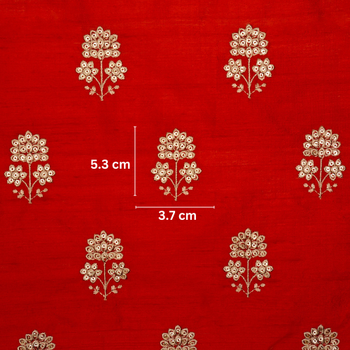 Shiza Buti on Red Raw Silk Embroidered Fabric