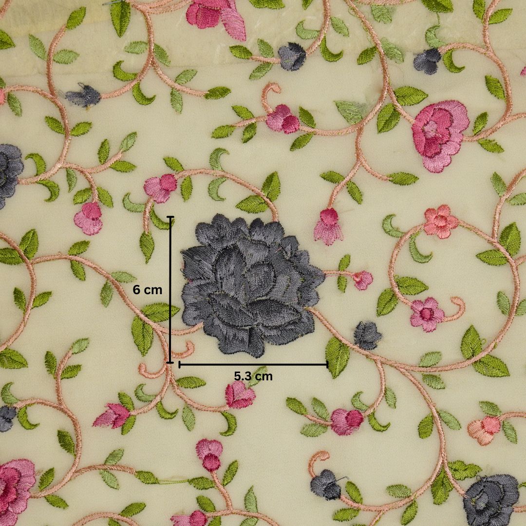 Cream Semi Georgette Floral Parsi Jaal Embroidered Fabric