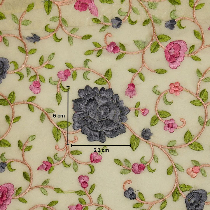 Cream Semi Georgette Floral Parsi Jaal Embroidered Fabric