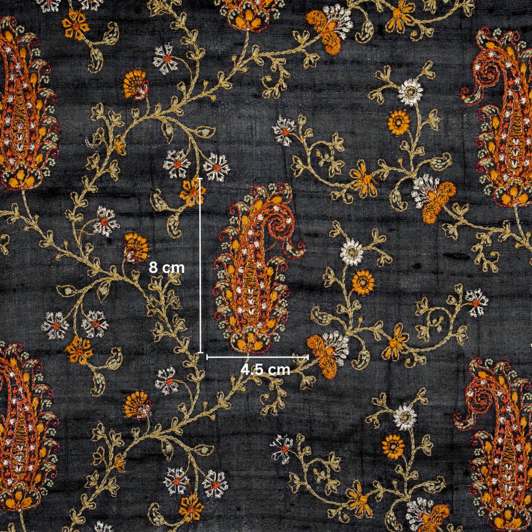 Black Tussar Silk Alpana Jaal Embroidered Fabric