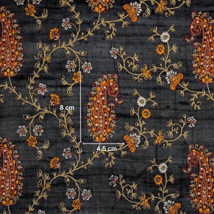 Black Tussar Silk Alpana Jaal Embroidered Fabric