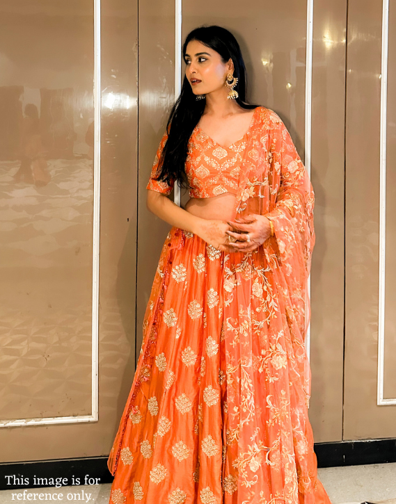 Kiyana Sequins Buta Unstitched Embroidered Lehenga Set on Orange Silk Chanderi