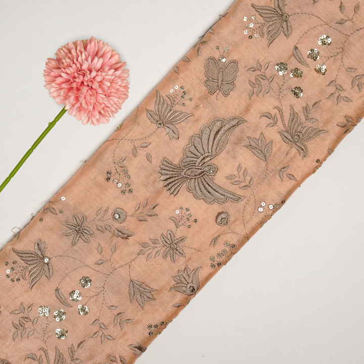 Naila Bird Jaal on Peach Luxe Silk Chanderi Embroidered Fabric