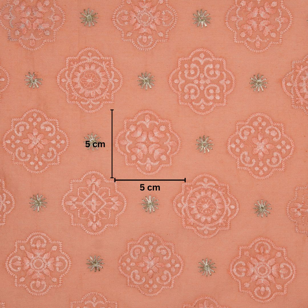 Amal Buta on Peach Munga Silk Embroidered Fabric