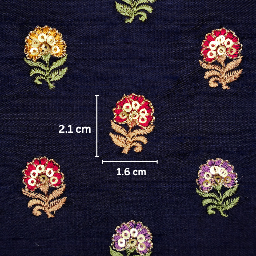 Gulfi Buti on Navy Blue Raw Silk Embroidered Fabric