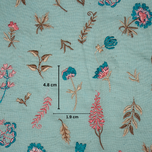 Grishma Buta Buti Mixture on Sky/Blue Cotton Linen Embroidered Fabric