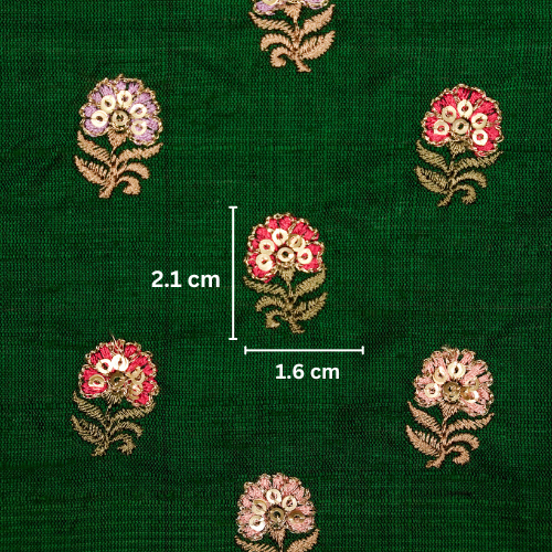 Gulfi Buti on Leaf Green Raw Silk Embroidered Fabric