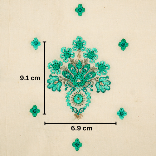 Rituja Buta Buti Mixture on Cream/Teal Malmal Embroidered Fabric