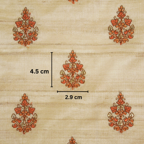 Triveni Buta on Natural/Orange Tussar Silk Embroidered Fabric