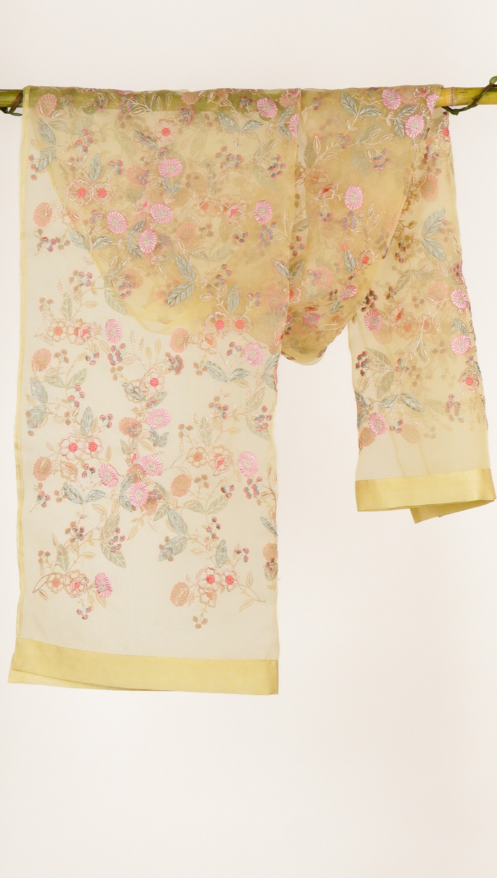 Naureen Embroidered Stole on Lemon Silk Organza