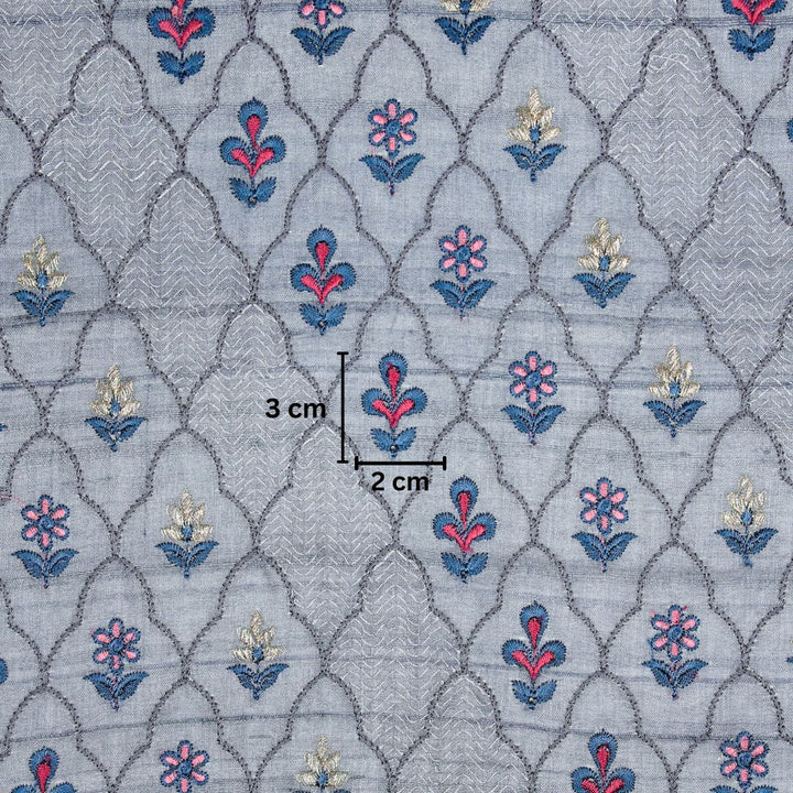 Huma Jaal On Steel Grey Tussar Silk Embroidered Fabric