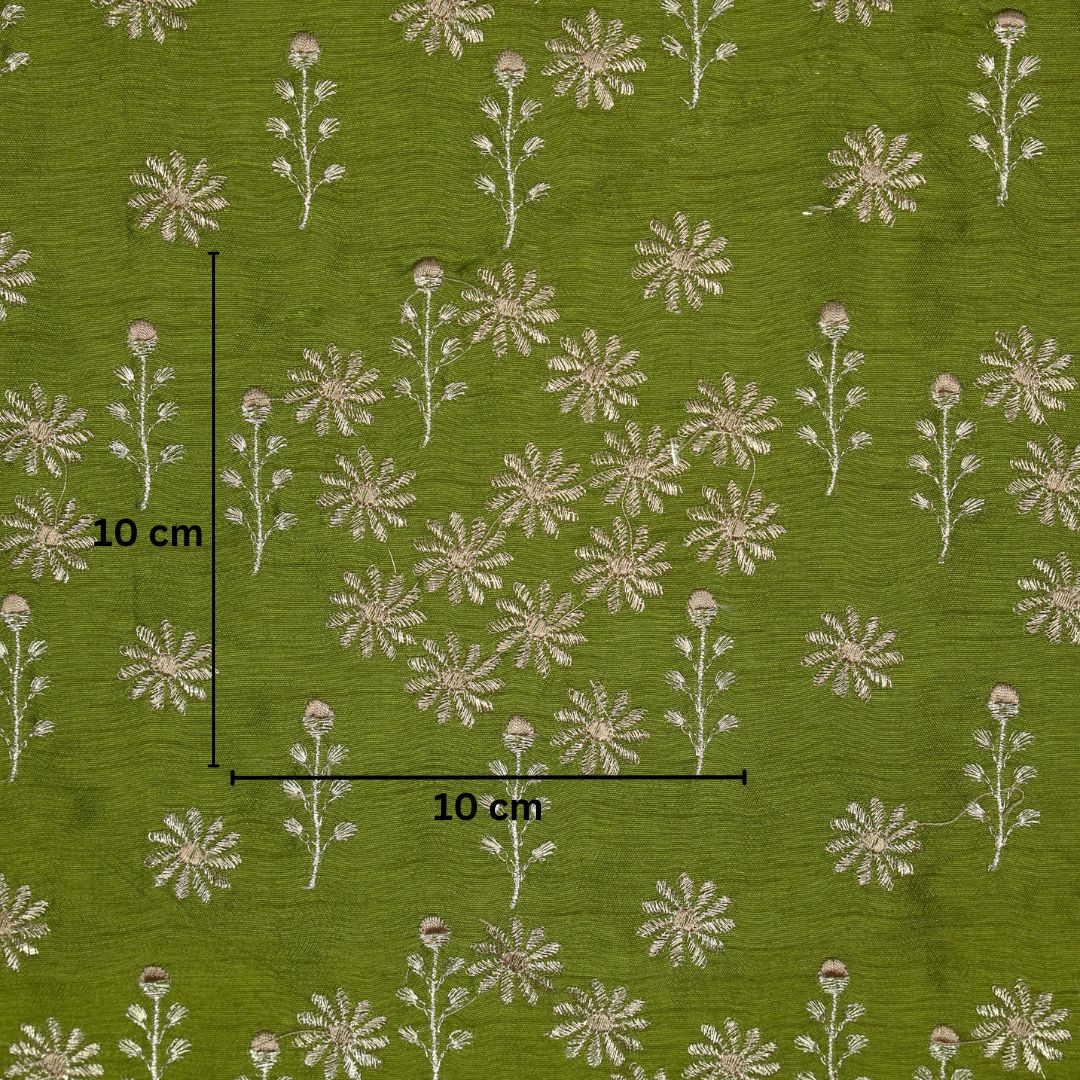 Unnati Jaal on Leaf Green Semi Raw Silk Embroidered Fabric