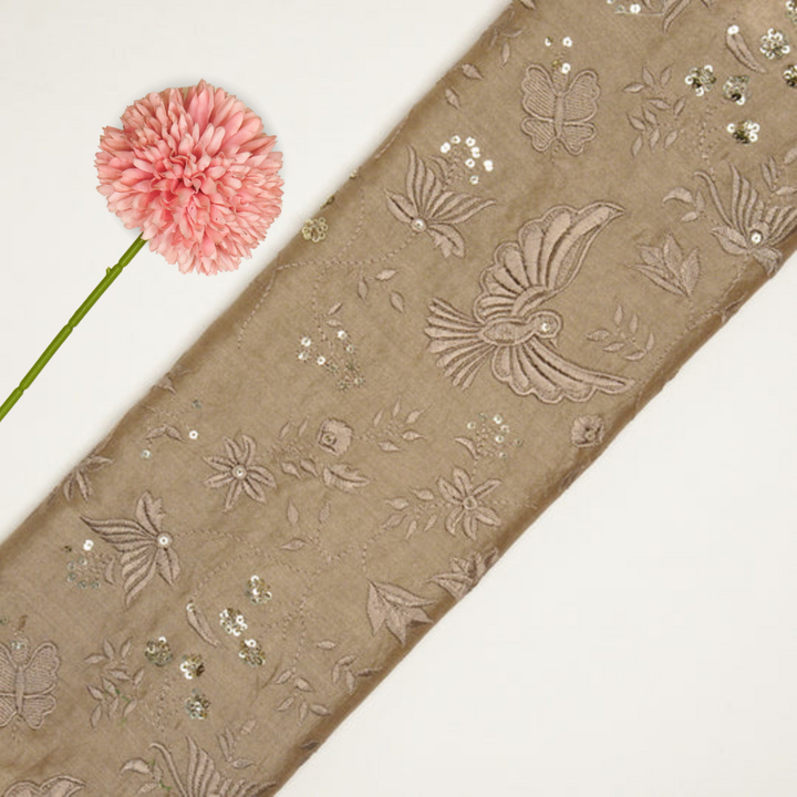 Naila Bird Jaal on Almond Luxe Silk Chanderi Embroidered Fabric