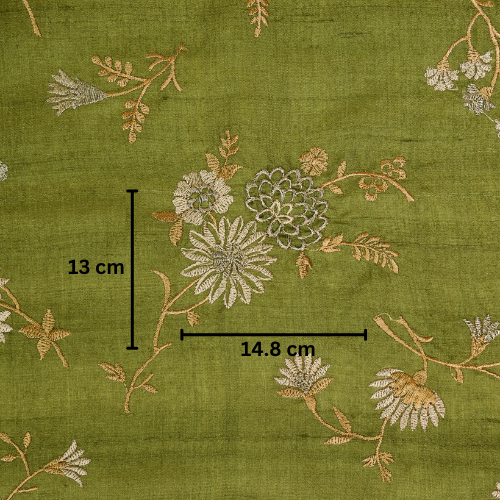 Mahzar Jaal On Olive Tussar Silk Embroidered Fabric