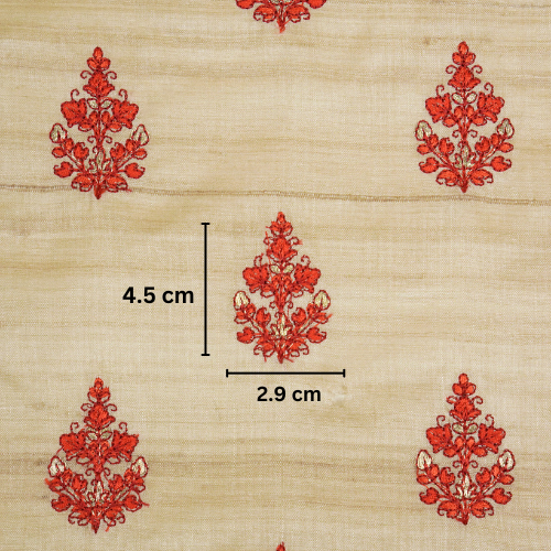 Triveni Buta on Natural/Blood Red Tussar Silk Embroidered Fabric