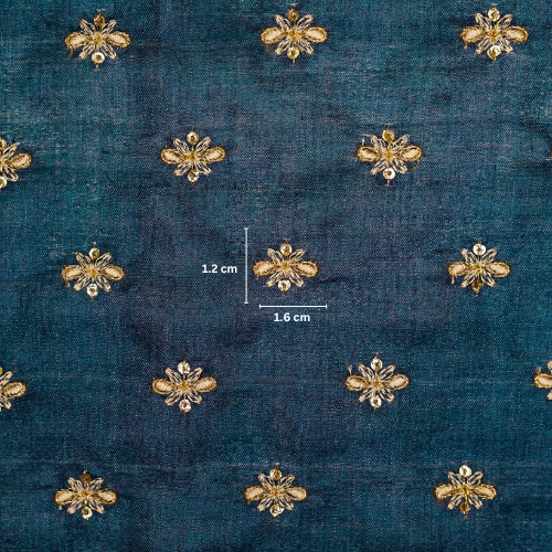 Bindra Buti On Prussian Blue Tussar Silk Embroidered Fabric