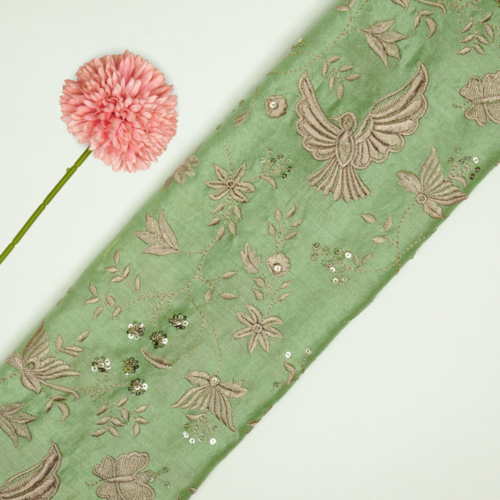 Naila Bird Jaal on Pista Green Luxe Silk Chanderi Embroidered Fabric