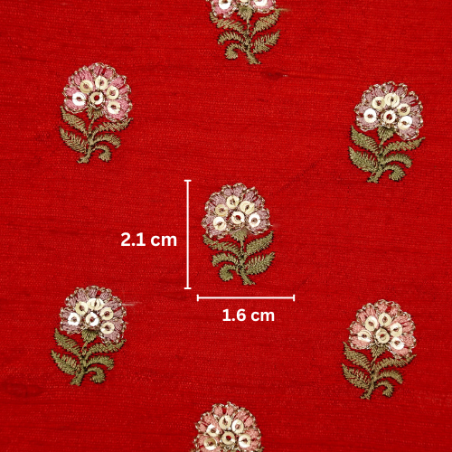 Gulfi Buti on Red Raw Silk Embroidered Fabric