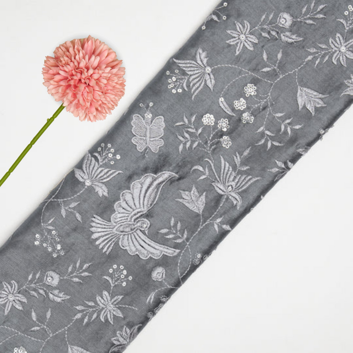 Naila Bird Jaal on Silver Grey Luxe Silk Chanderi Embroidered Fabric