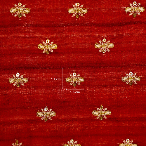 Bindra Buti On Crimson Red Tussar Silk Embroidered Fabric