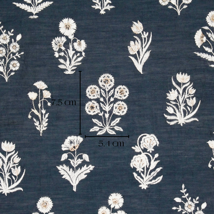 Alaya Floral Buta on Dark Ink Blue Silk Chanderi Embroidered Fabric