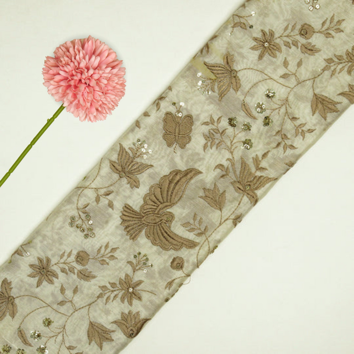 Naila Bird Jaal on Ivory Luxe Silk Chanderi Embroidered Fabric