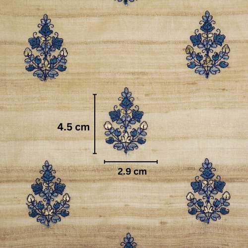 Triveni Buta on Natural/Blue Tussar Silk Embroidered Fabric