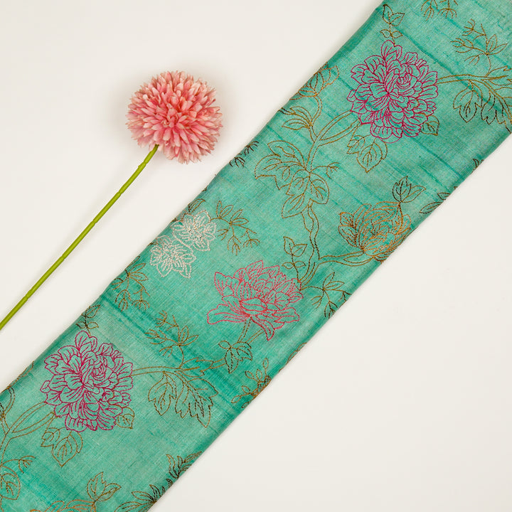 Fajra Jaal On Aqua Tussar Silk Embroidered Fabric