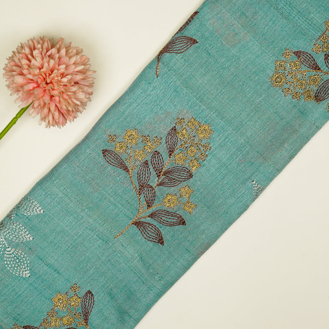Kisalay Buta On Aqua Blue Tussar Silk Embroidered Fabric
