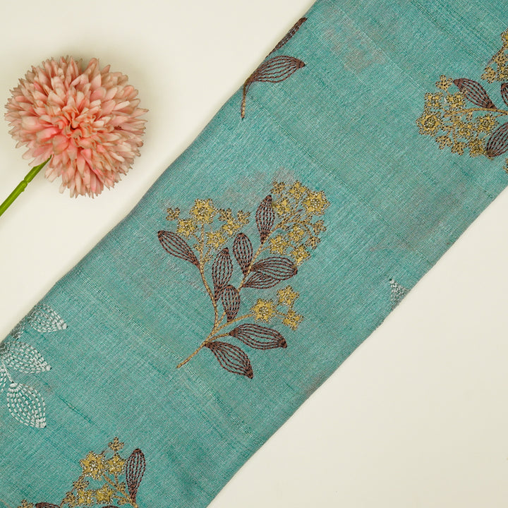 Kisalay Buta On Aqua Blue Tussar Silk Embroidered Fabric