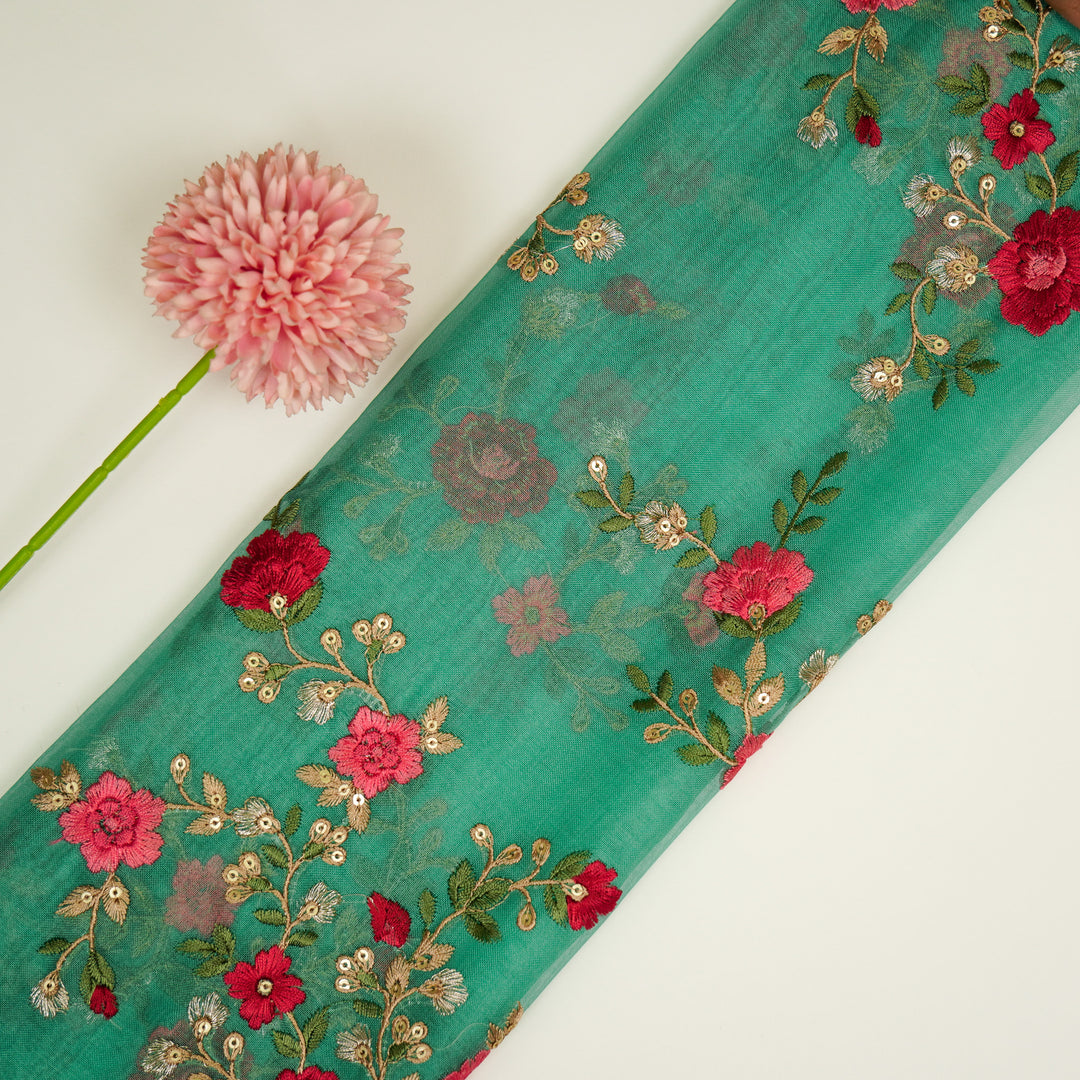 Saanjh Jaal on Aqua Green Silk Organza Embroidered Fabric