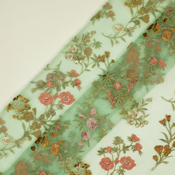 Basira Jaal on Aqua Green Silk Organza Embroidered Fabric