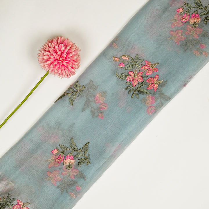 Ayaana Buta on Aqua Grey Silk Organza Embroidered Fabric