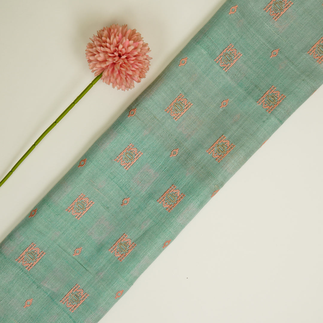 Nishan Buti On Aqua Tussar Silk Embroidered Fabric