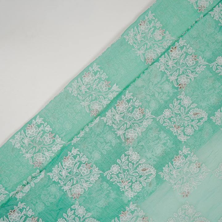 Chokor Buta on Aqua Cotton Silk Embroidered Fabric