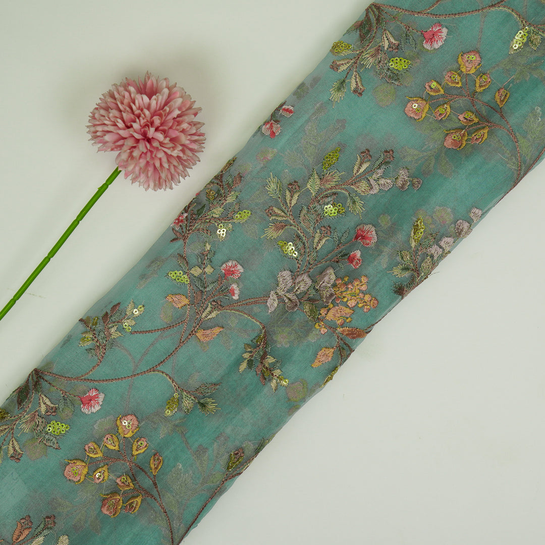 Nazm Jaal on Aqua Silk Organza Embroidered Fabric
