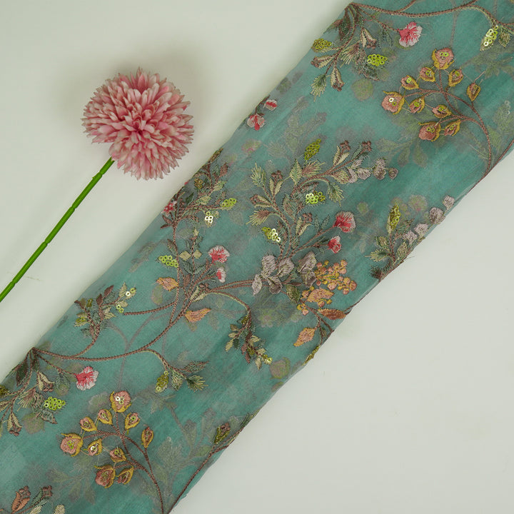 Nazm Jaal on Aqua Silk Organza Embroidered Fabric