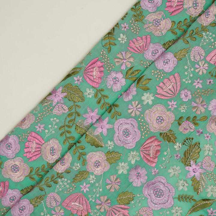Waha Jaal on Aqua Silk Chanderi Embroidered Fabric