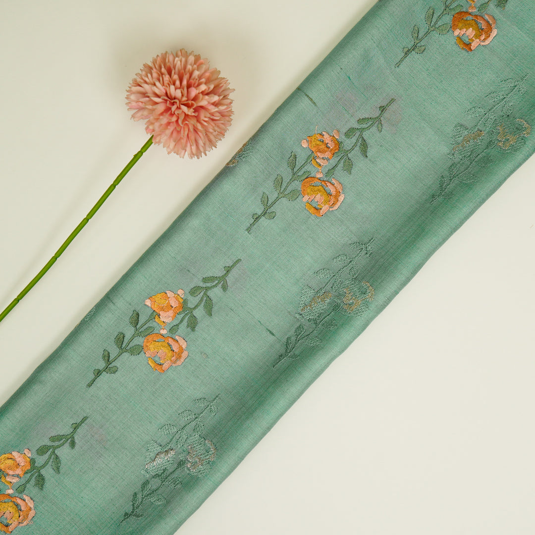 Noura Buta On Aqua Tussar Silk Embroidered Fabric