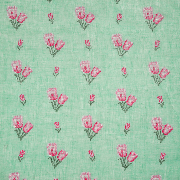 Asma Buti on Aqua Gauged Linen