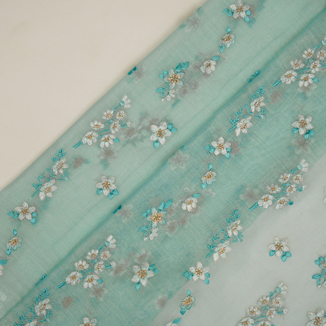 Sheen Buta on Aqua Cotton Silk Embroidered Fabric