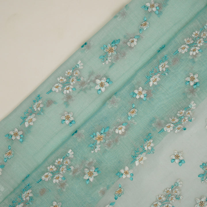 Sheen Buta on Aqua Cotton Silk Embroidered Fabric