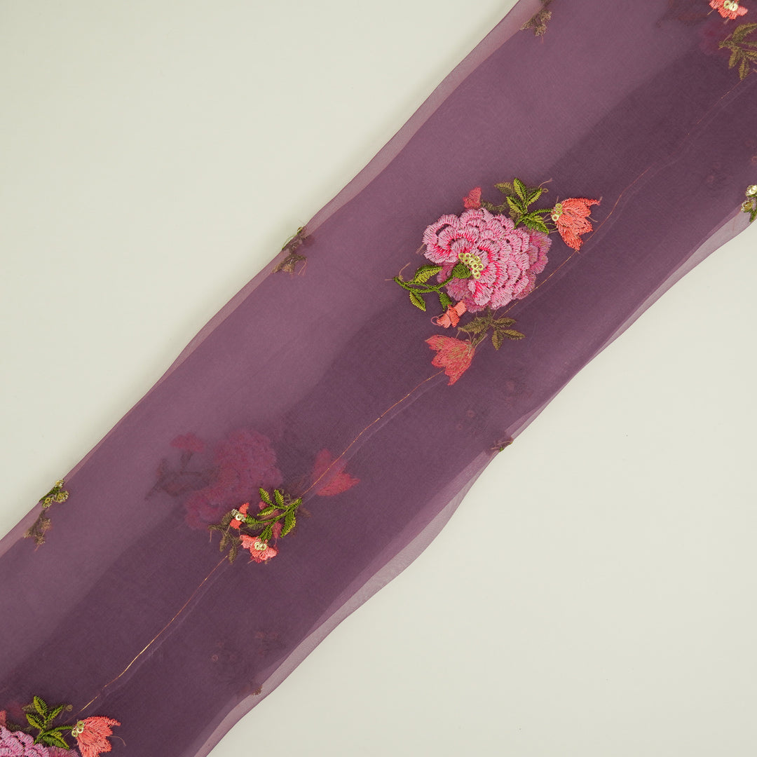 Guldan Buta on Aubergine Silk Organza Embroidered Fabric
