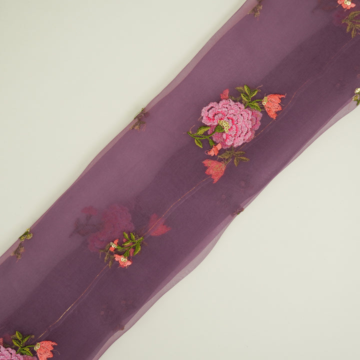 Guldan Buta on Aubergine Silk Organza Embroidered Fabric