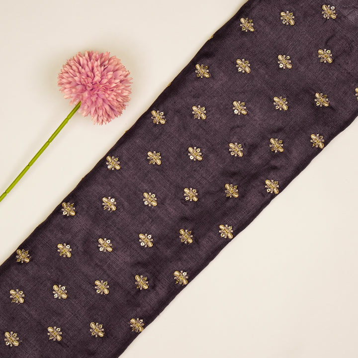 Bindra Buti On Aubergine Tussar Silk Embroidered Fabric