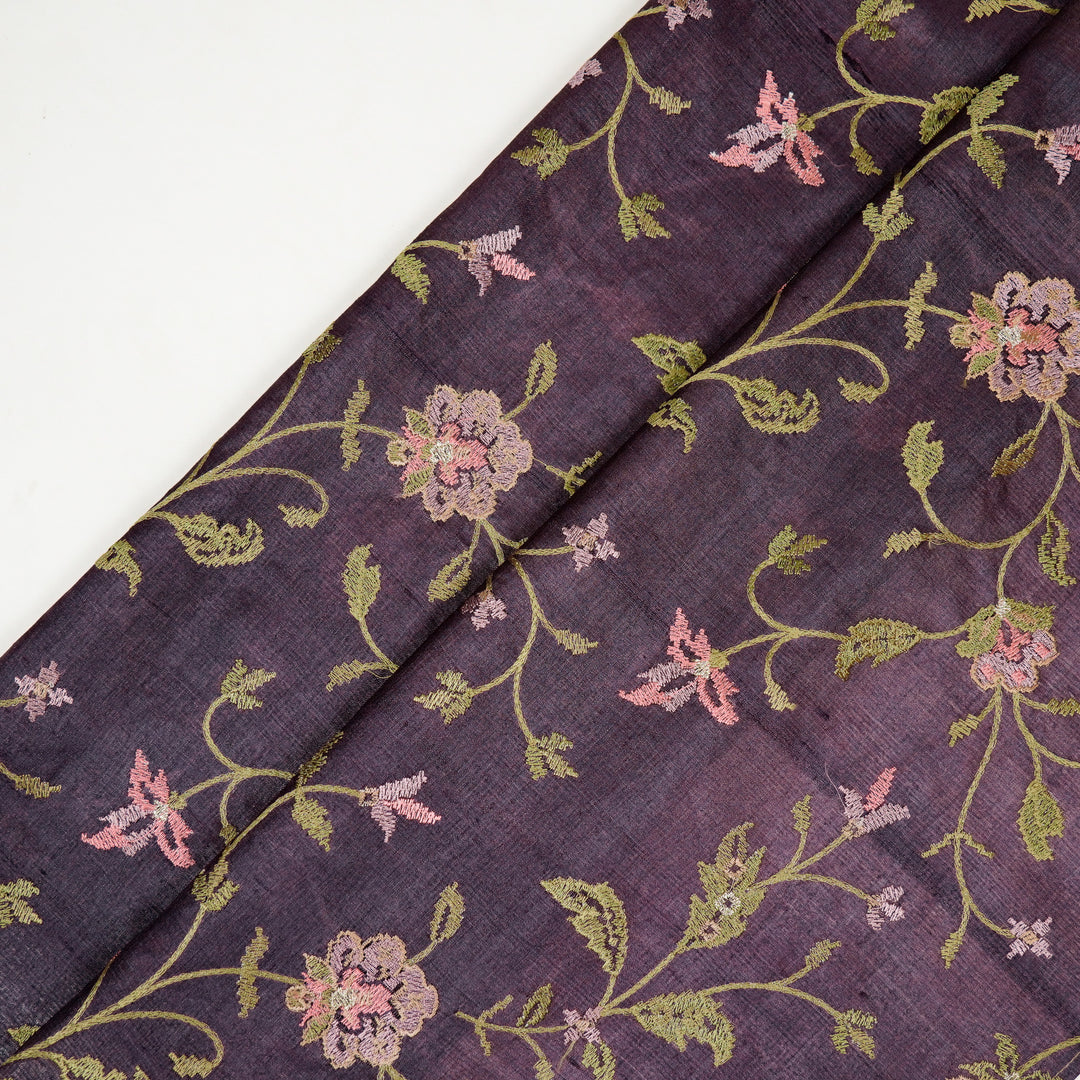 Serena Jaal On Aubergine Tussar Silk Embroidered Fabric